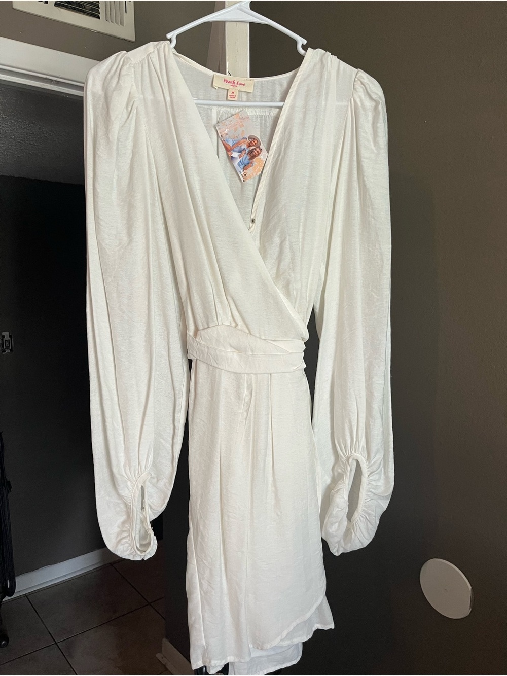 Peach Love California Ivory Long-Sleeve Wrap Dress with Puff Sleeves